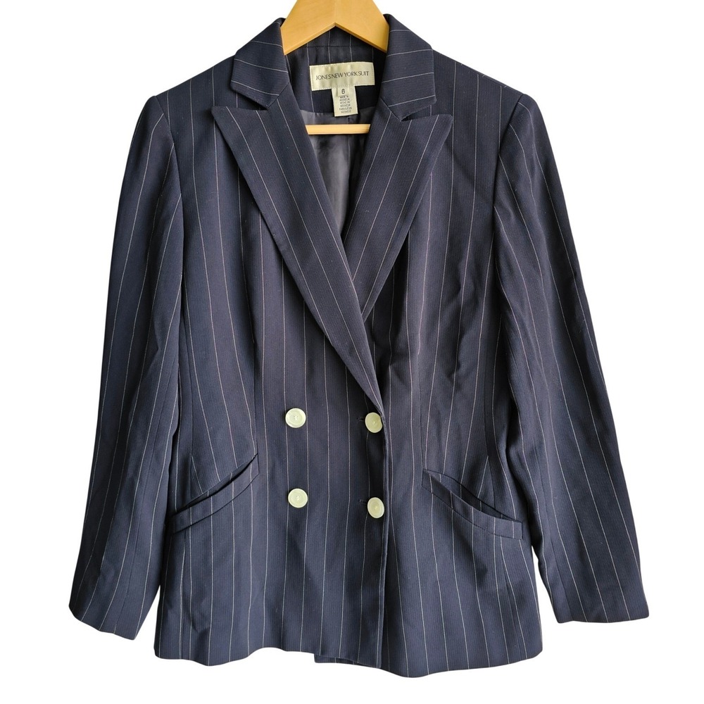 Y2K Jones New York Navy Pinstripe Double Breasted Blazer Suit Business Women's 6